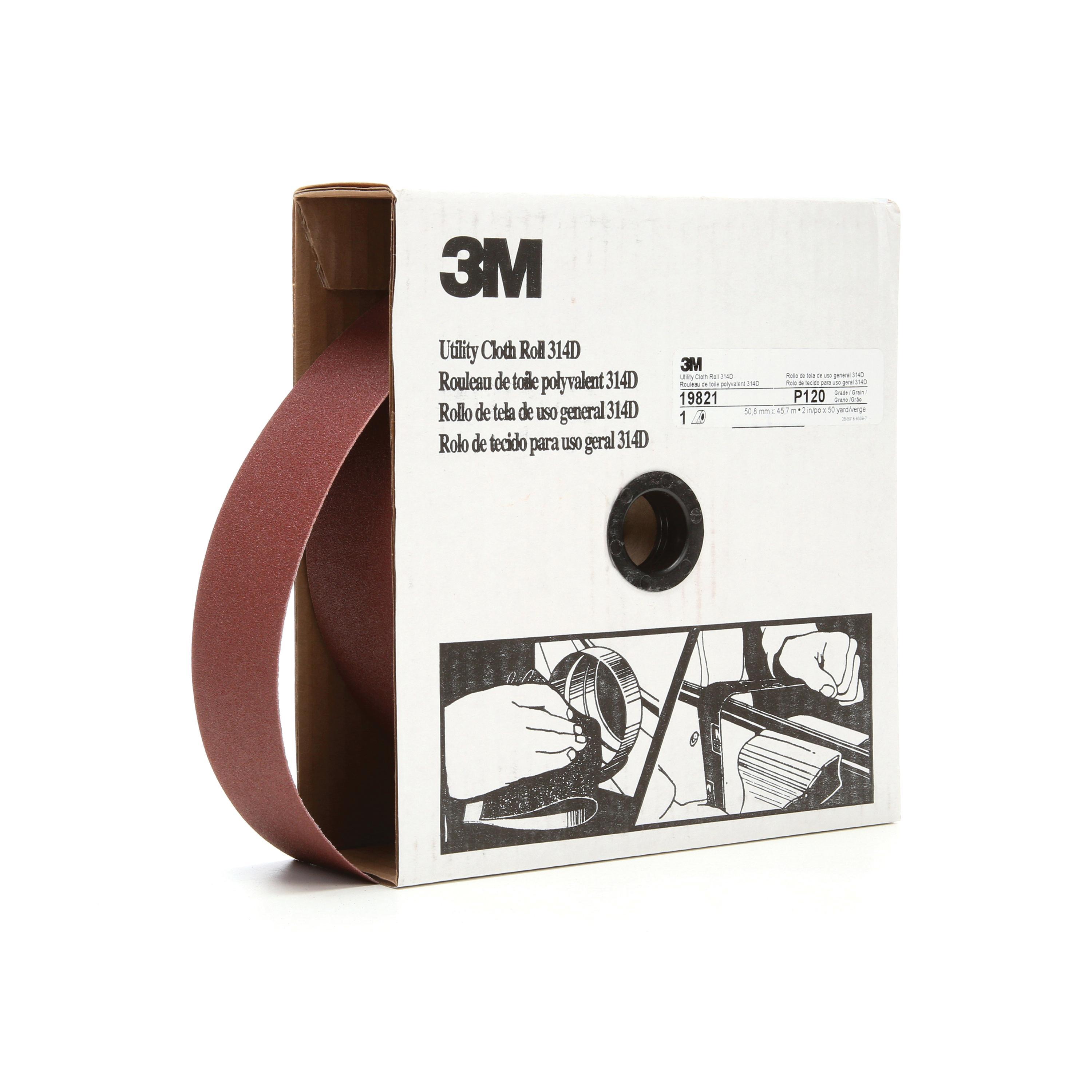 3M 7000118541 314D Utility Cloth Roll, 50 yd L Roll x 2 in W Roll, 120 Grit, Fine Grade, Aluminum Oxide Abrasive, Cloth Backing - Coated Abrasive Rolls