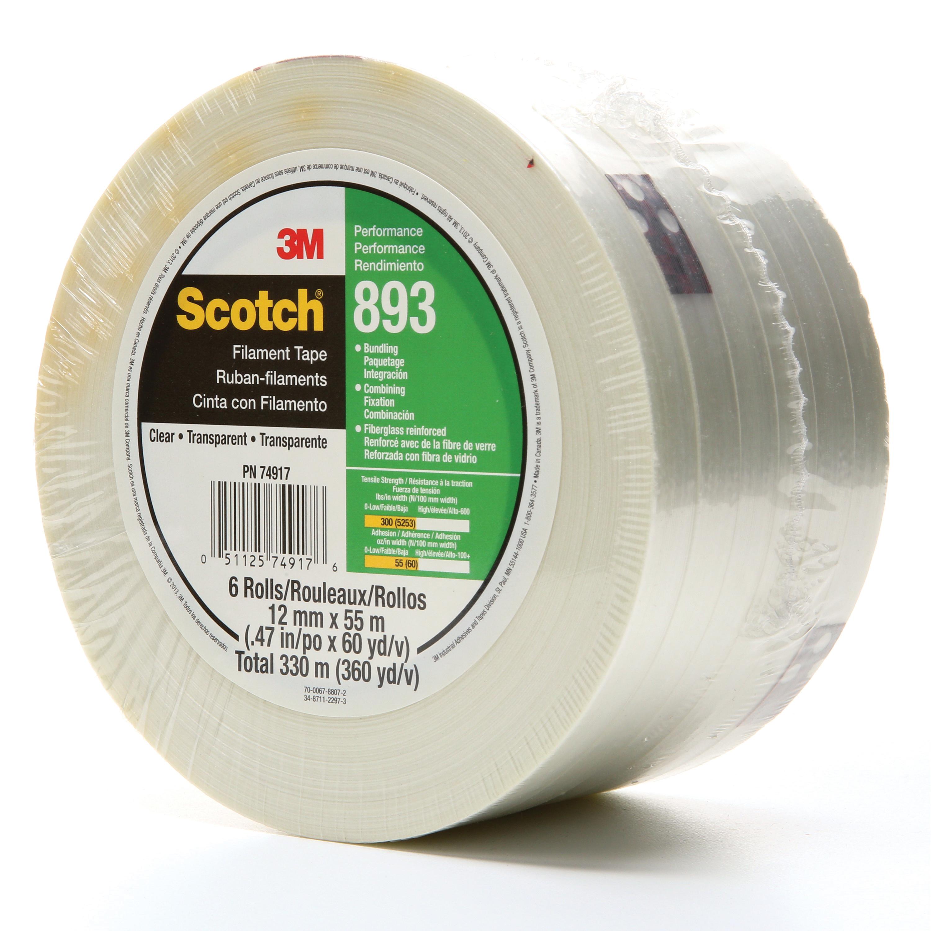 3M 7000123805 Reinforced Tape, 55 m L x 18 mm W, 6 mil THK, Fiberglass Yarn Filament, Synthetic Rubber Adhesive, Polypropylene Backing, Clear - Filament Tapes