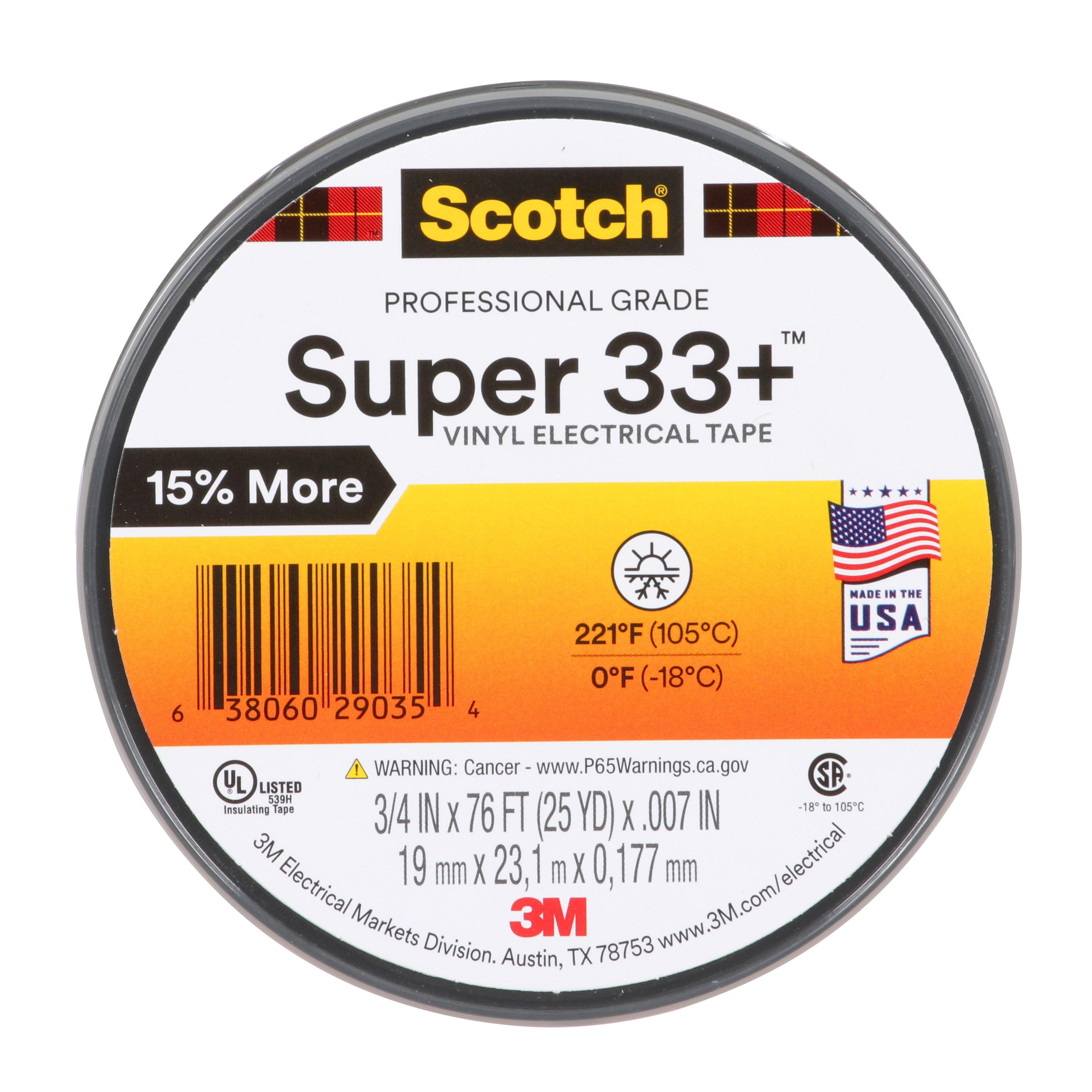 Scotch 7100201470 Super 33 Vinyl Tape, 25 yd L 0.75 in W, 7 mil THK, Rubber Adhesive, PVC Backing, Black - Electrical Tapes