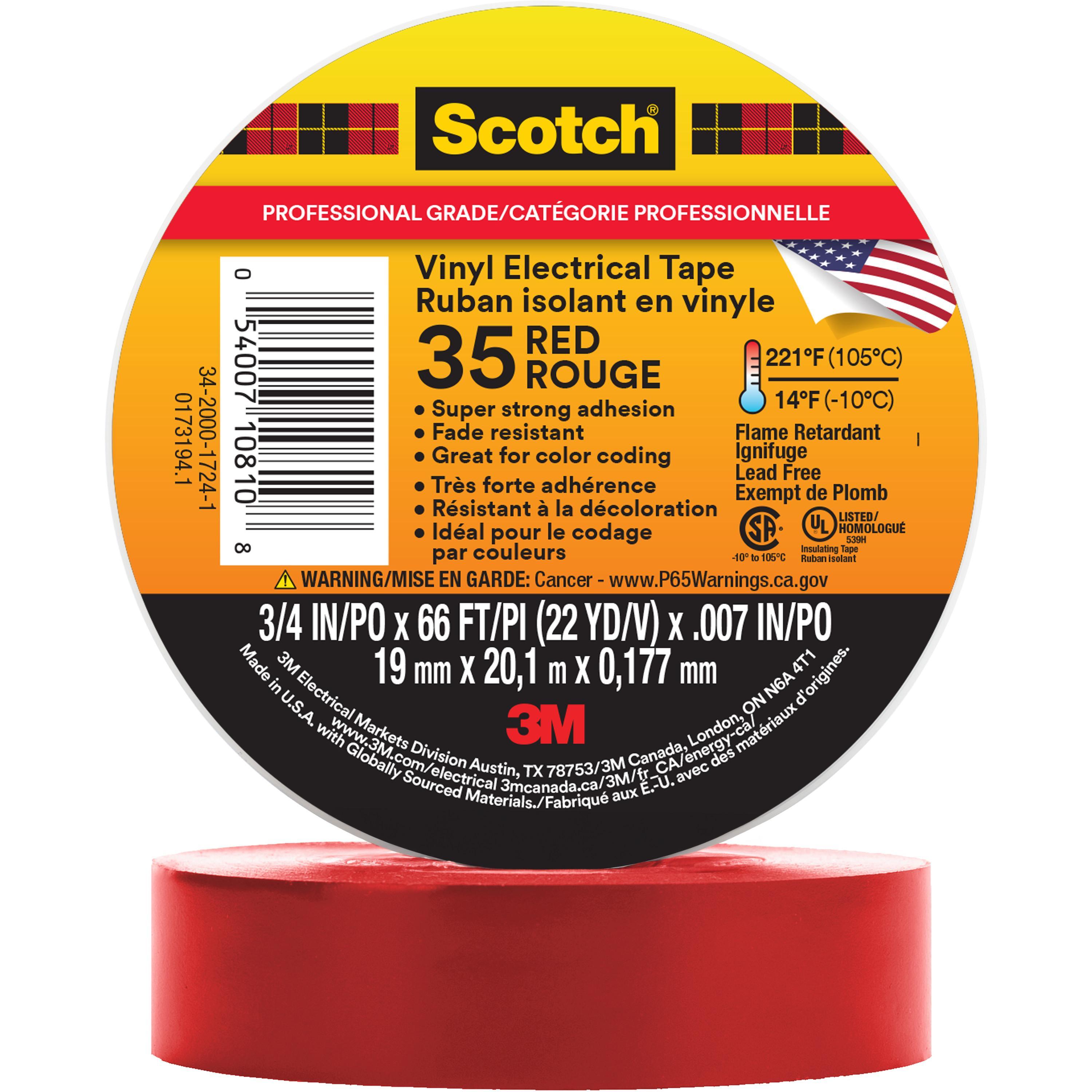Scotch 7000006094 Electrical Maintenance Tape, 22 yd L 0.75 in W, 7 mil THK, Vinyl, Rubber Adhesive, PVC Backing, Red - Electrical Tapes