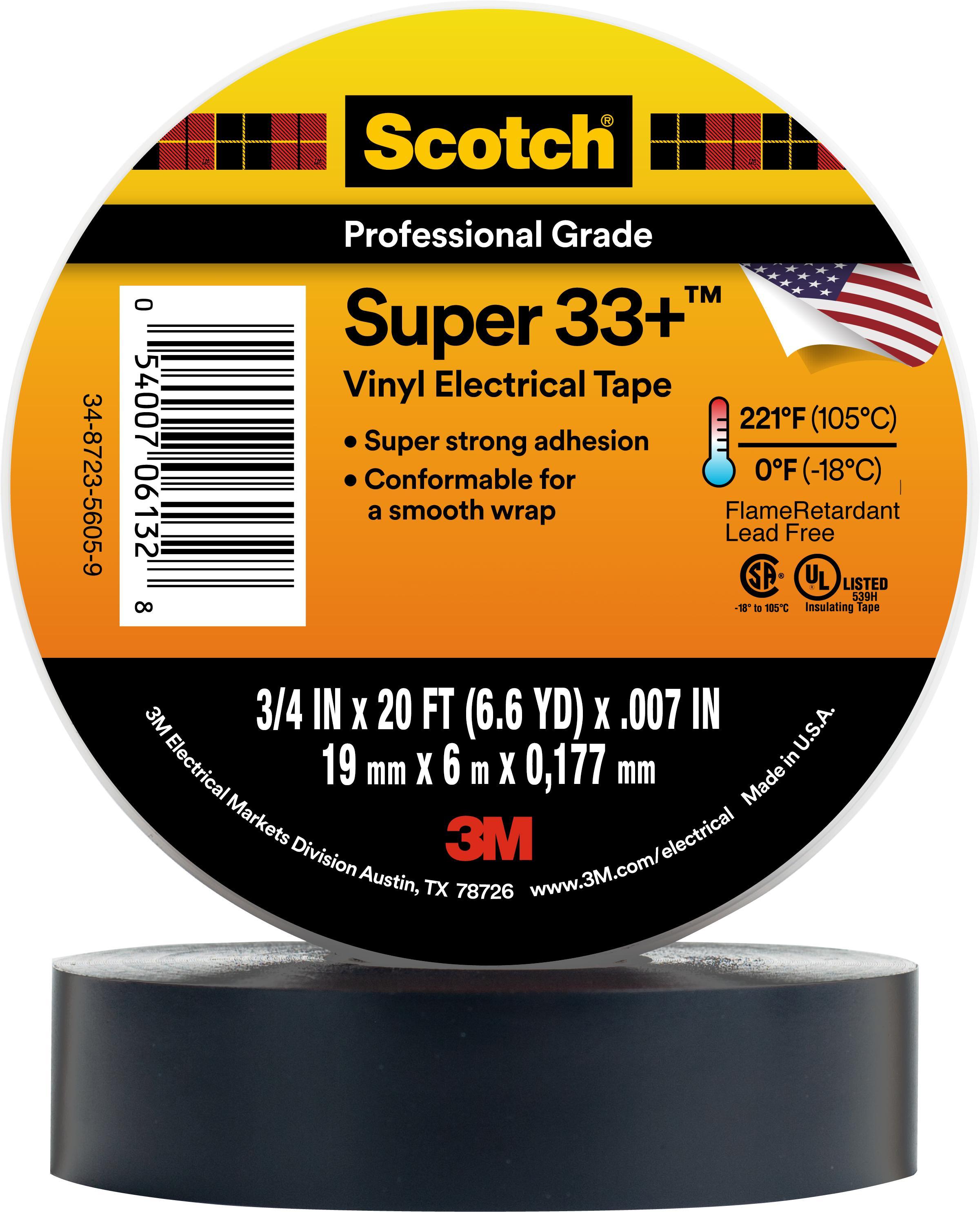 Scotch 7000058432 Super 33 Electrical Tape, 1 yd L 3/4 in W, 7 mil THK, Vinyl, Rubber Adhesive, PVC Backing, Black - Electrical Tapes